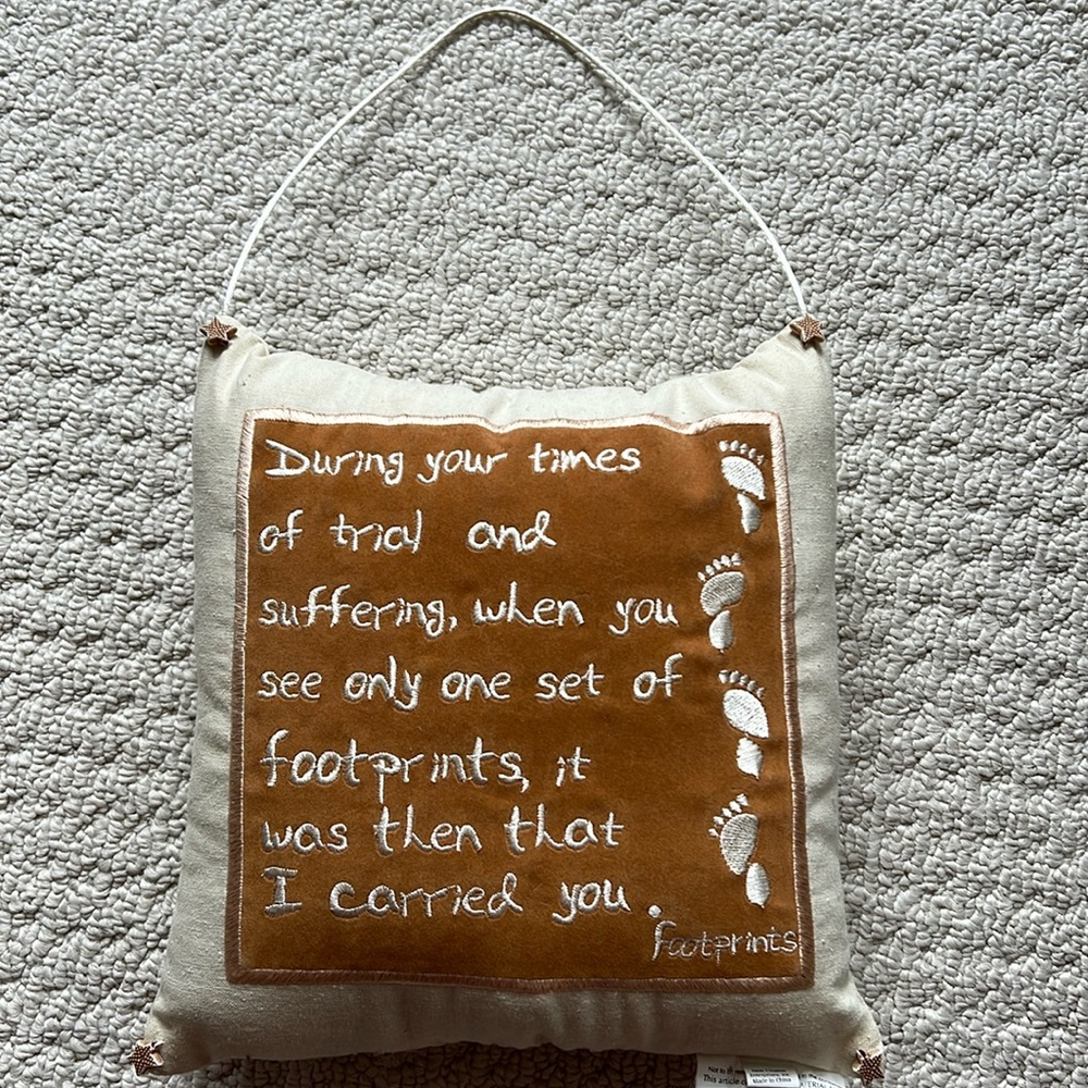 Footprints Pillow. Has attached string for door or wall hanging.